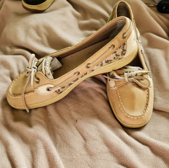 Sperry Angelfish tan and sequin leopard topside sz 8 - Picture 2 of 5